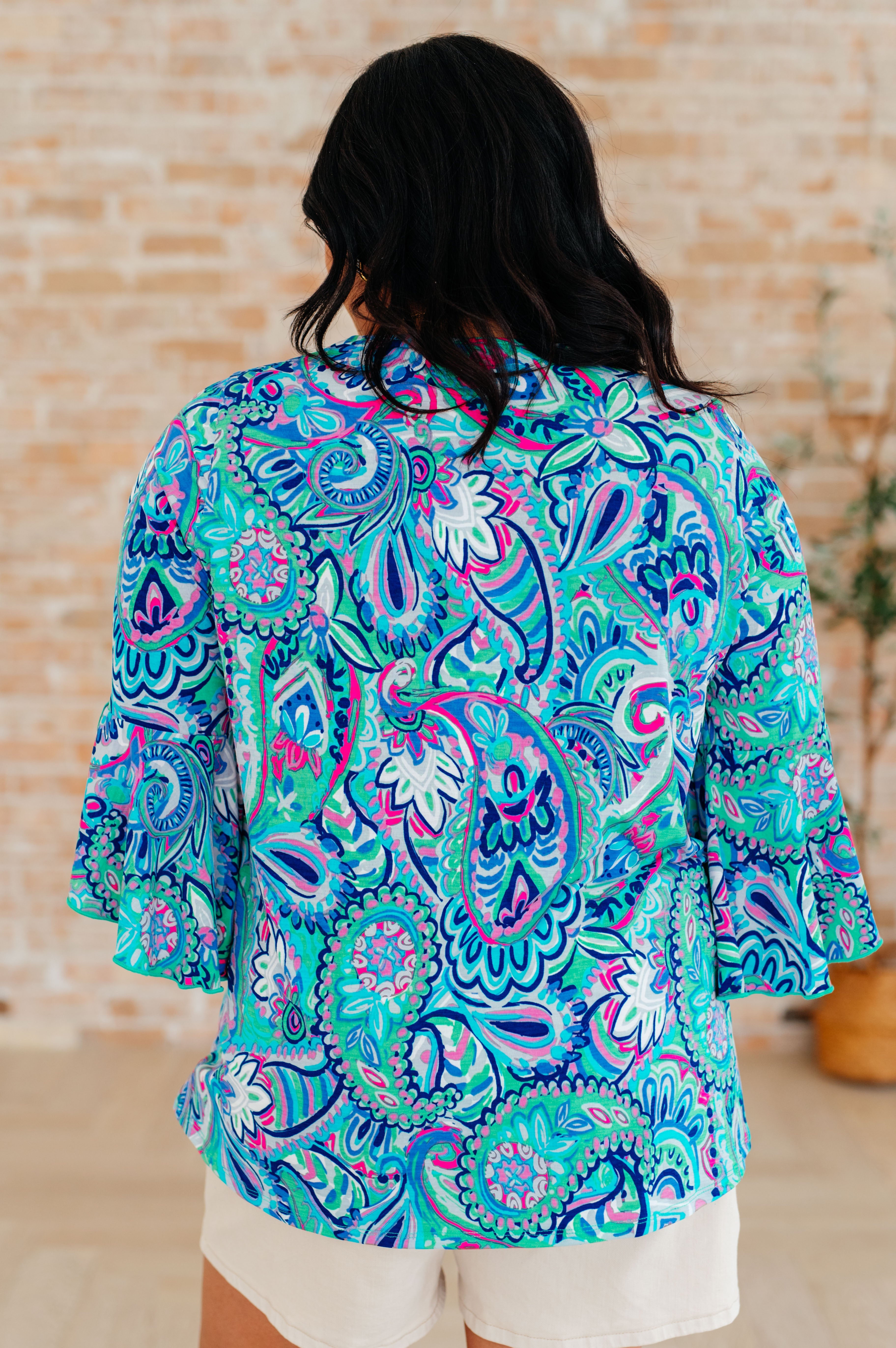 Willow Bell Sleeve Top in Emerald and Royal Paisley Ave Shops
