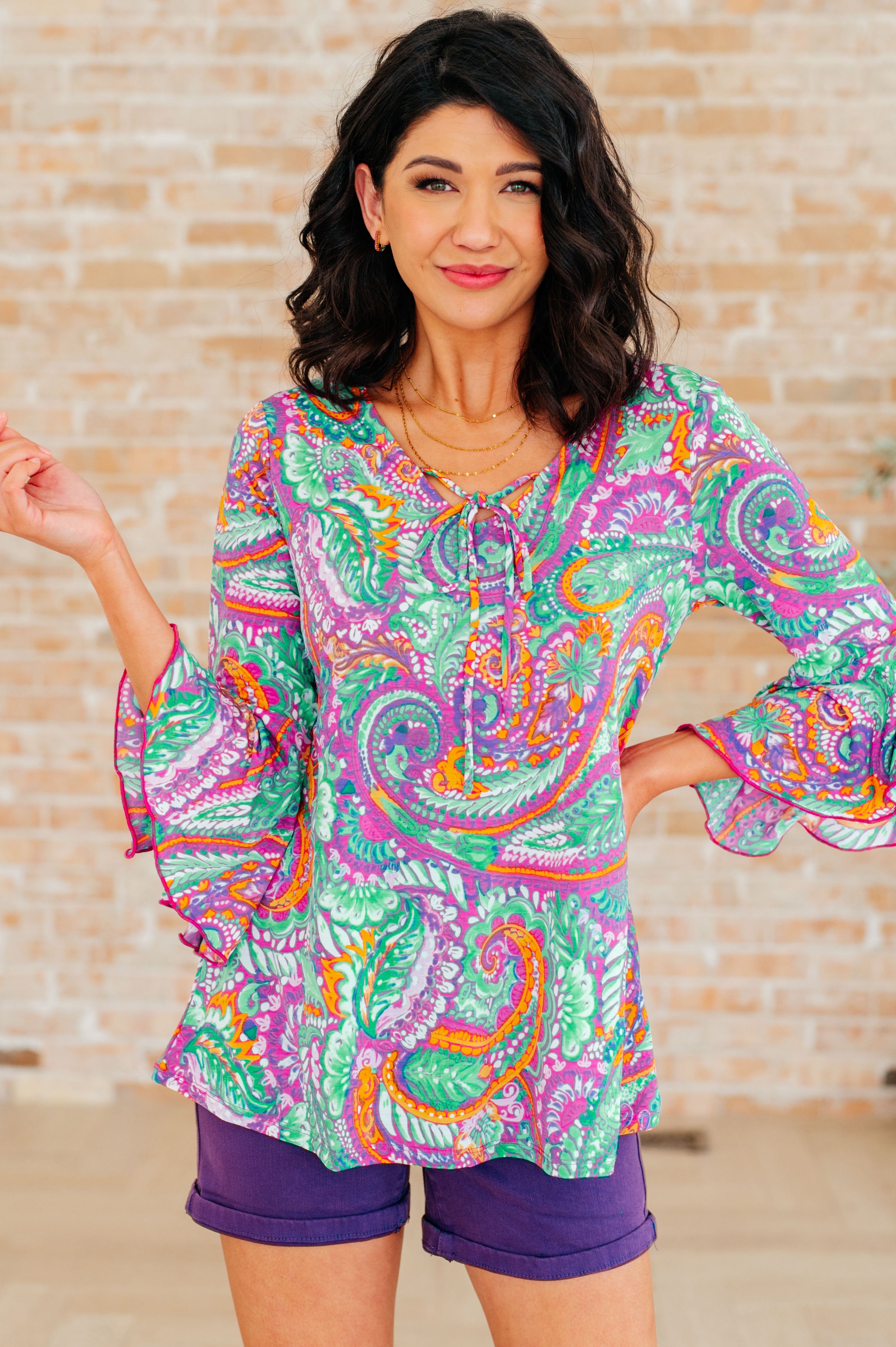 Willow Bell Sleeve Top in Lavender Mint Paisley Ave Shops