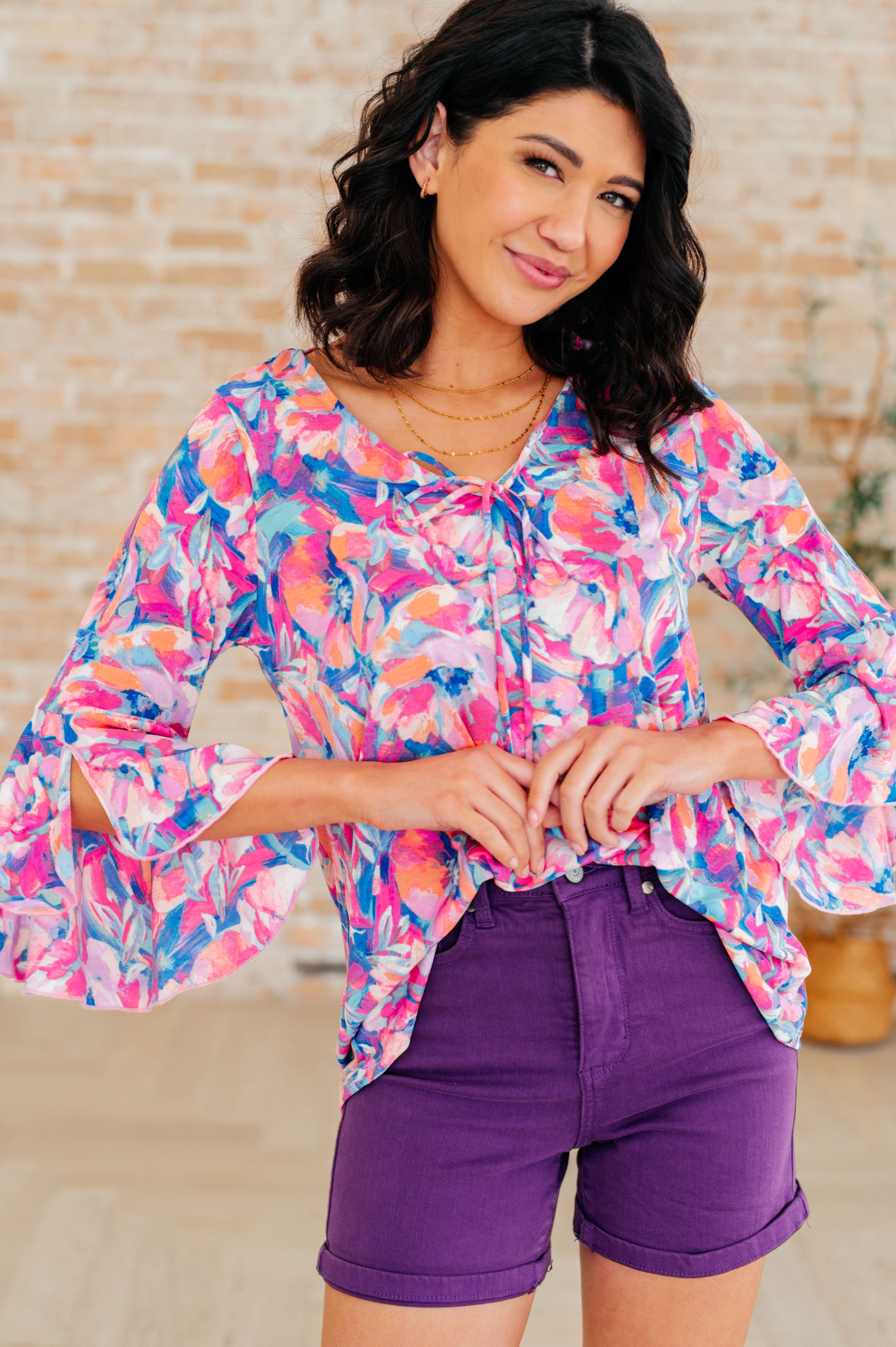 Willow Bell Sleeve Top in Royal Brushed Floral Ave Shops