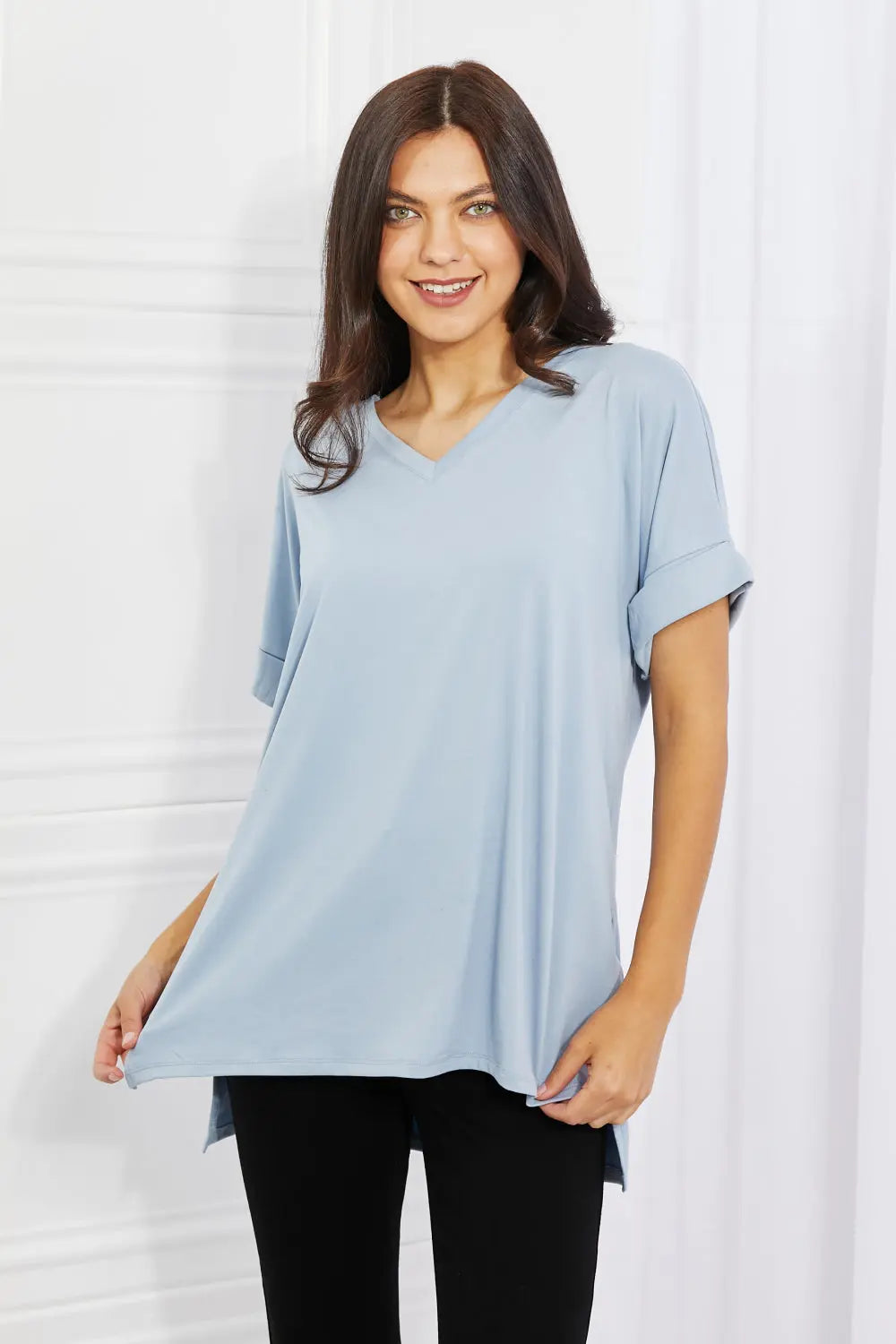 Zenana Simply Comfy V-Neck Loose Fit Shirt in Blue Zenana
