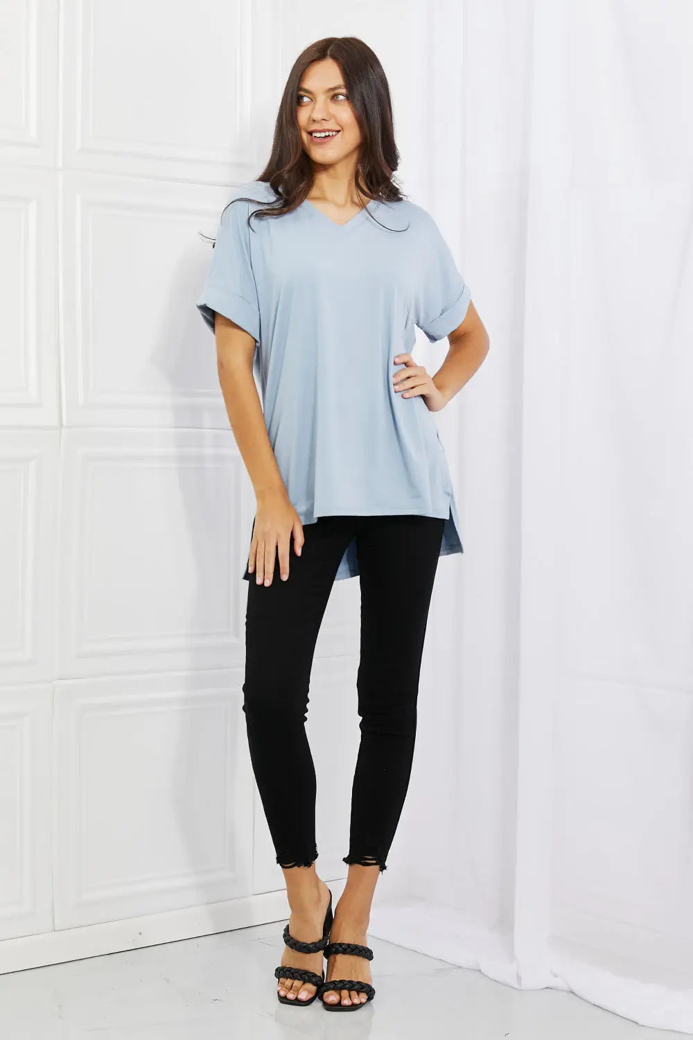 Zenana Simply Comfy V-Neck Loose Fit Shirt in Blue Zenana