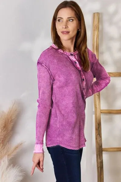 Zenana Washed Half Button Exposed Seam Waffle Top Trendsi