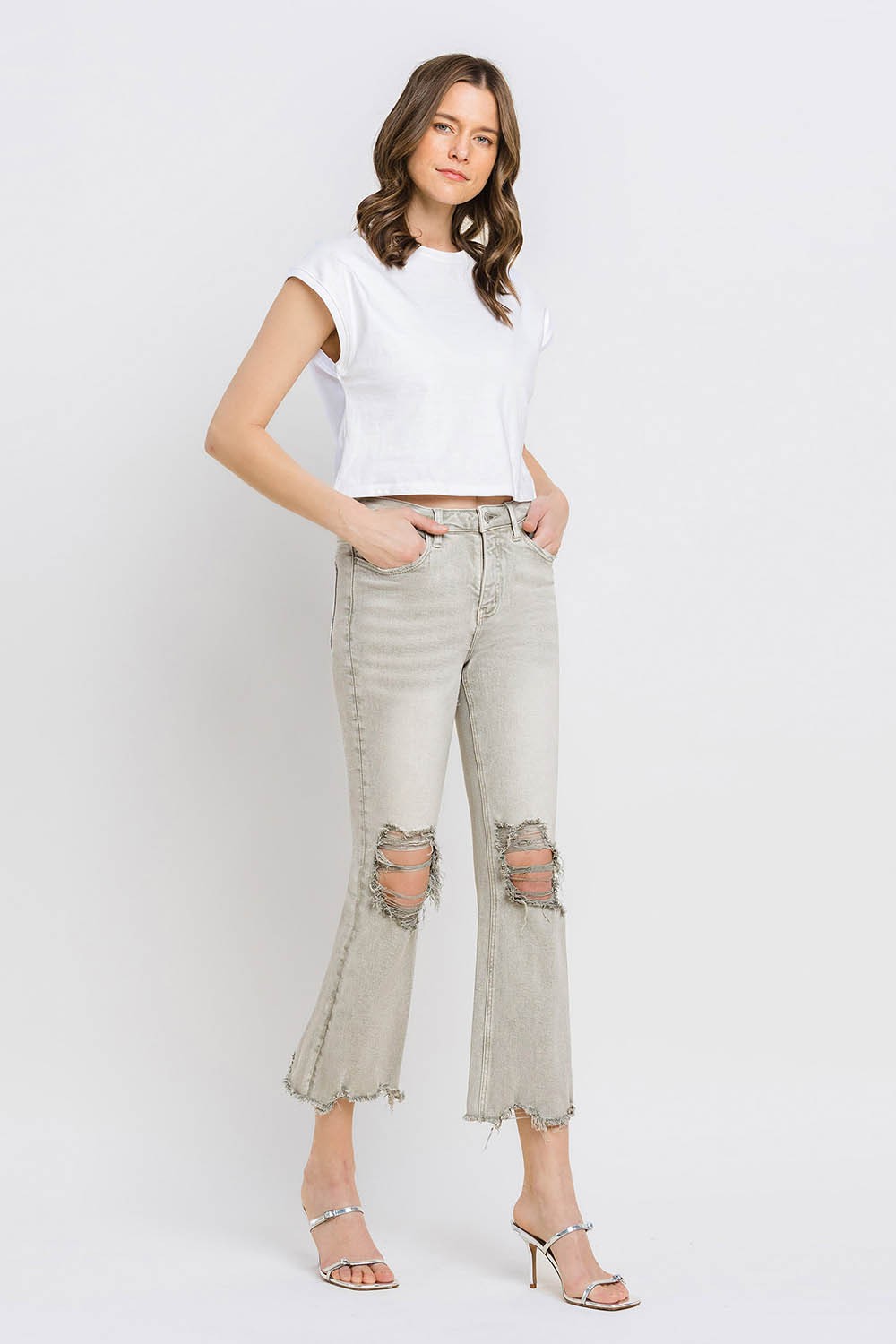 Lovervet Distressed Raw Hem Cropped Flare Jeans Trendsi