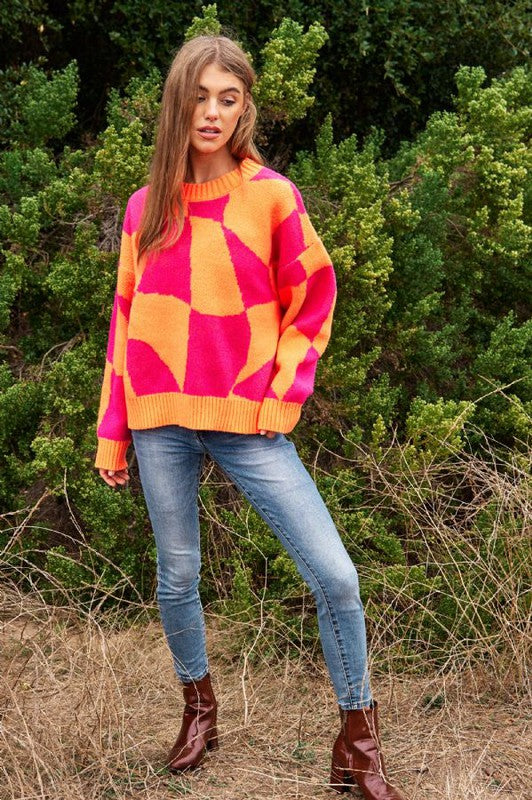 Multi Geo Checker Pullover Knit Sweater Top Davi & Dani