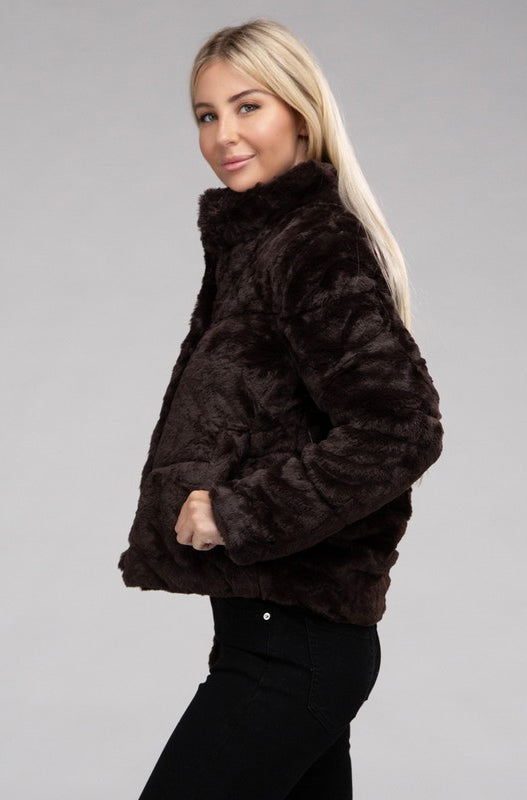Fluffy Zip-Up Sweater Jacket Ambiance Apparel