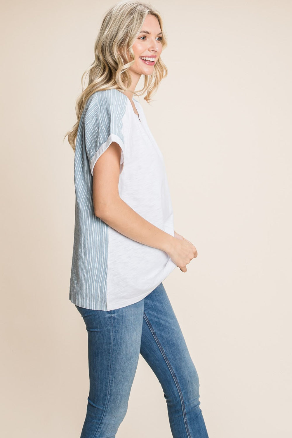 Cotton Bleu by Nu Lab Striped Contrast Short Sleeve T-Shirt Trendsi