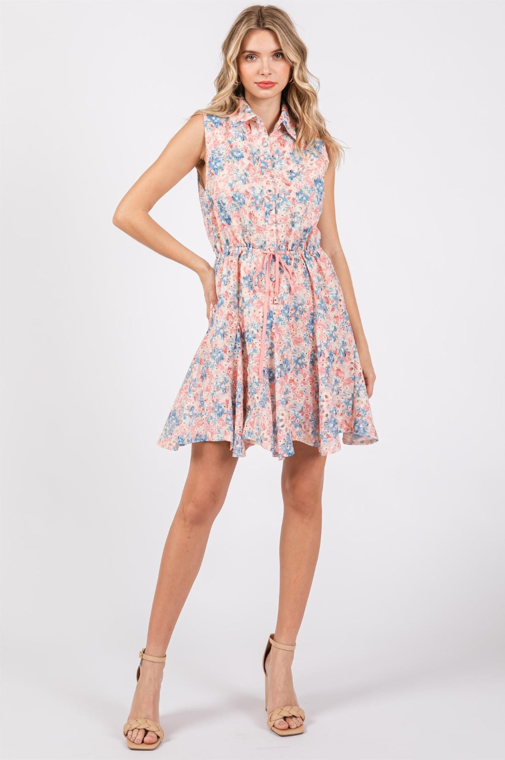 GeeGee Full Size Floral Eyelet Sleeveless Mini Dress Trendsi