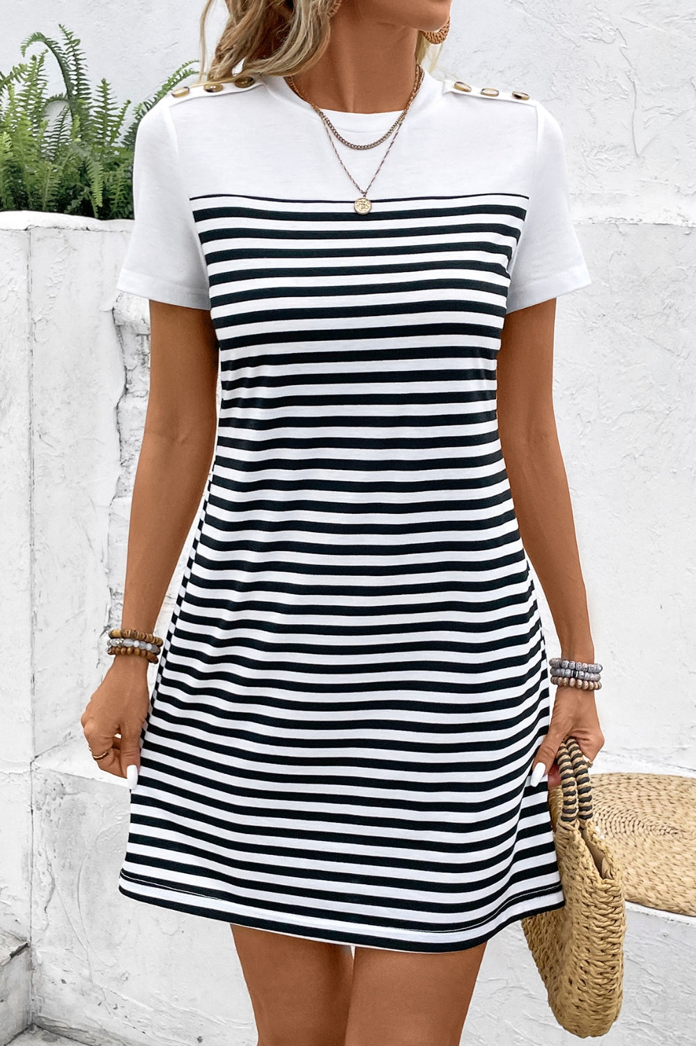 Striped Round Neck Short Sleeve Mini Tee Dress Trendsi