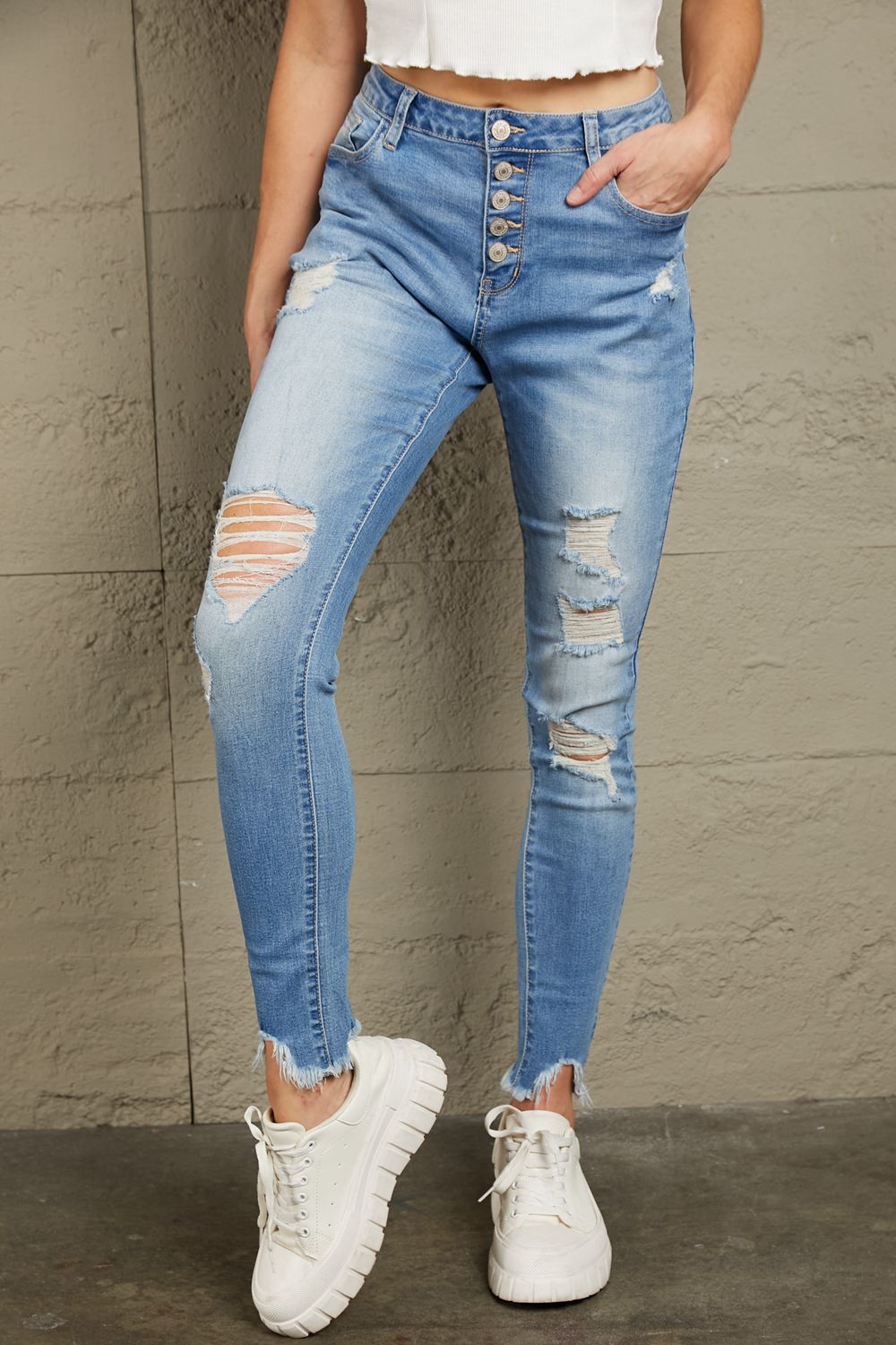 Baeful Button Front Frayed Ankle Skinny Jeans Trendsi