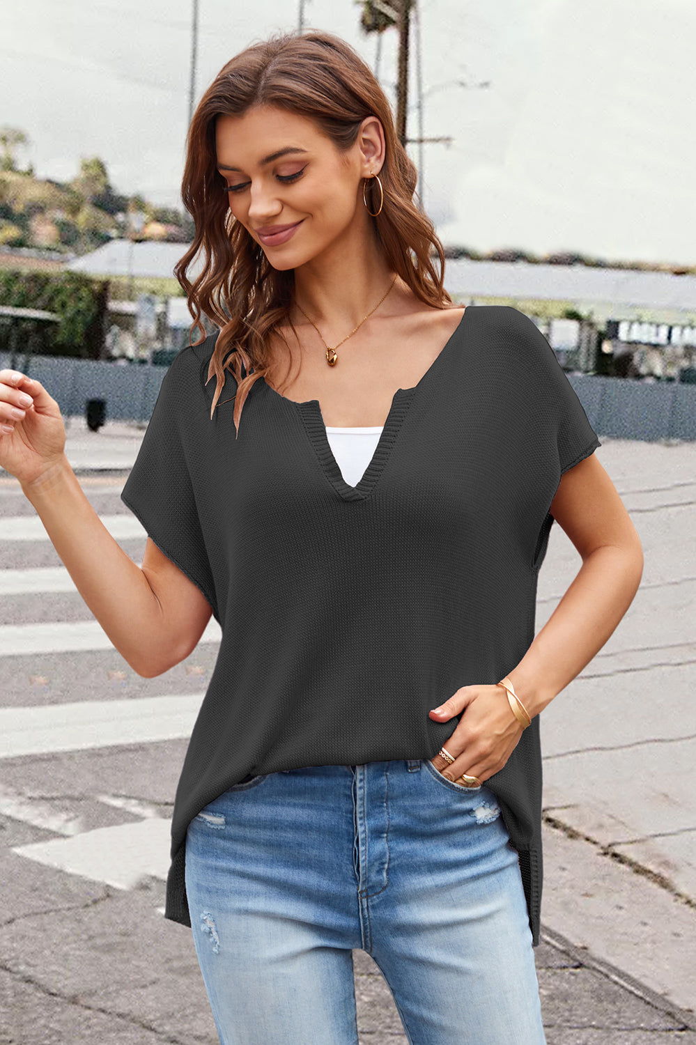 Notched Short Sleeve Knit Top Trendsi