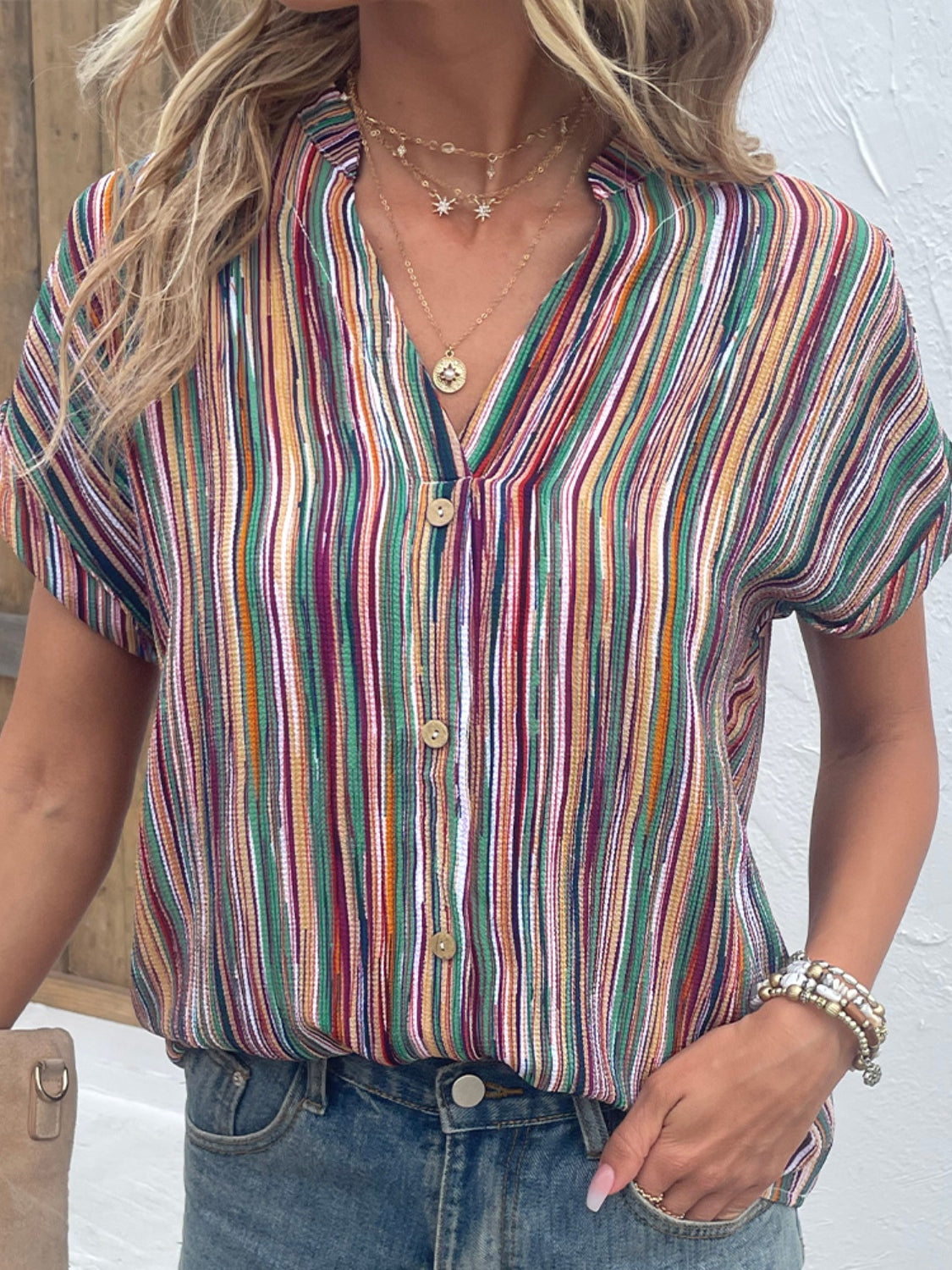 Striped Notched Short Sleeve Blouse Trendsi