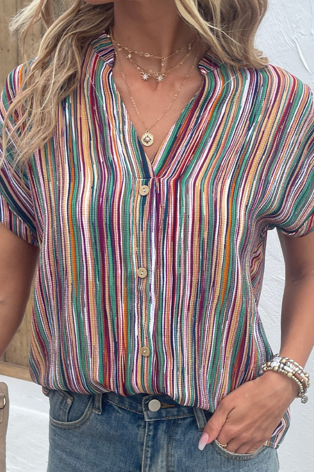 Striped Notched Short Sleeve Blouse Trendsi