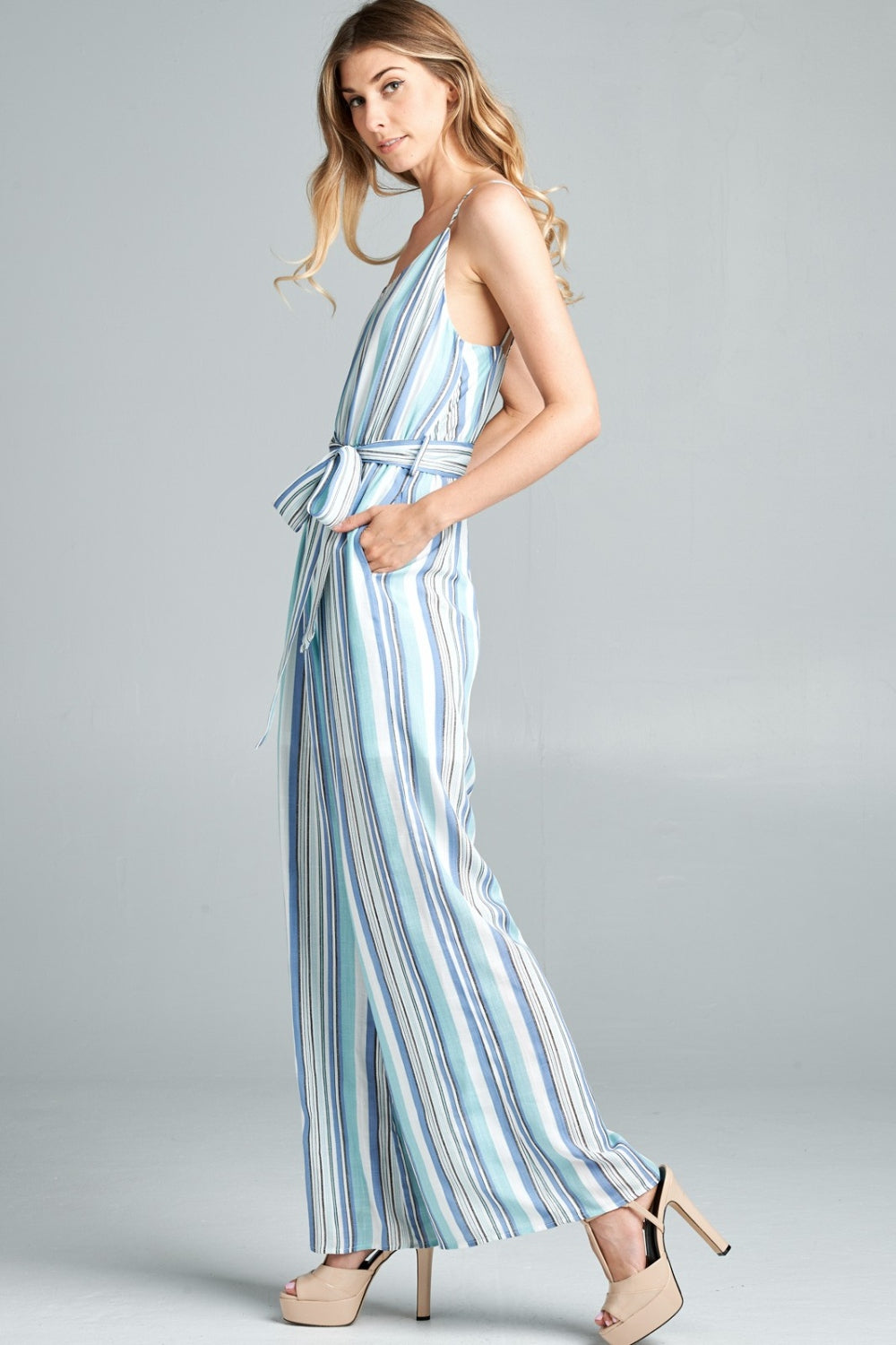 Cotton Bleu by Nu Label Tie Front Striped Sleeveless Jumpsuit Trendsi