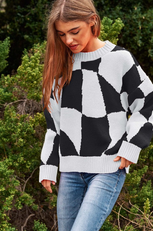 Multi Geo Checker Pullover Knit Sweater Top Davi & Dani