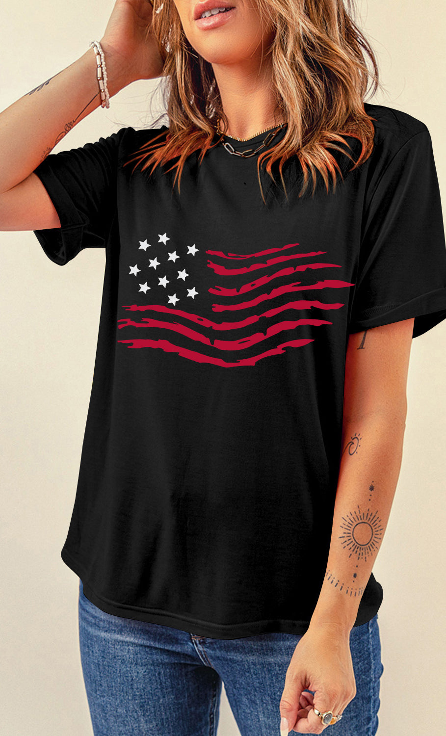 US Flag Round Neck Short Sleeve T-Shirt Trendsi