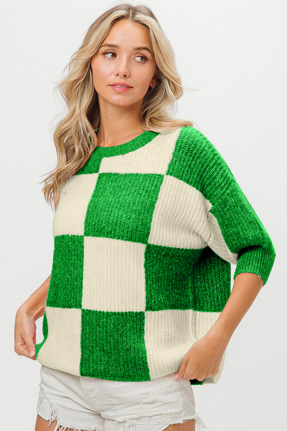 BiBi Checkered Contrast Round Neck Sweater Trendsi