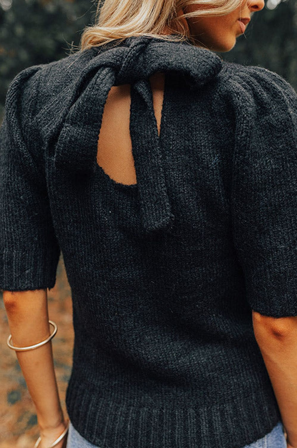 Tied Mock Neck Short Sleeve Sweater Trendsi