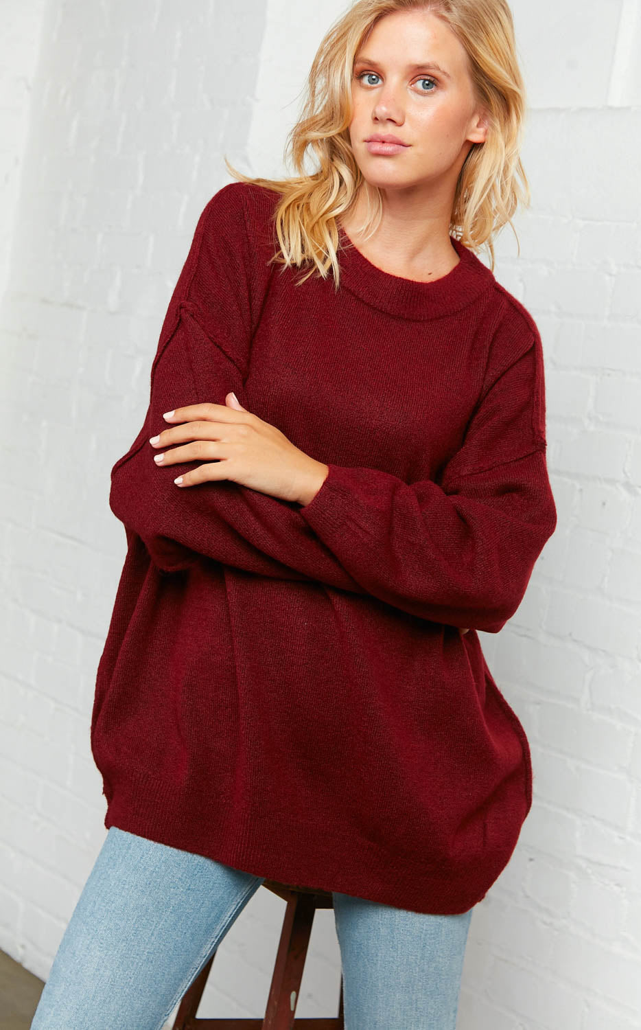 Burgundy Oversized Out Seam Knit Sweater Top Hayzel