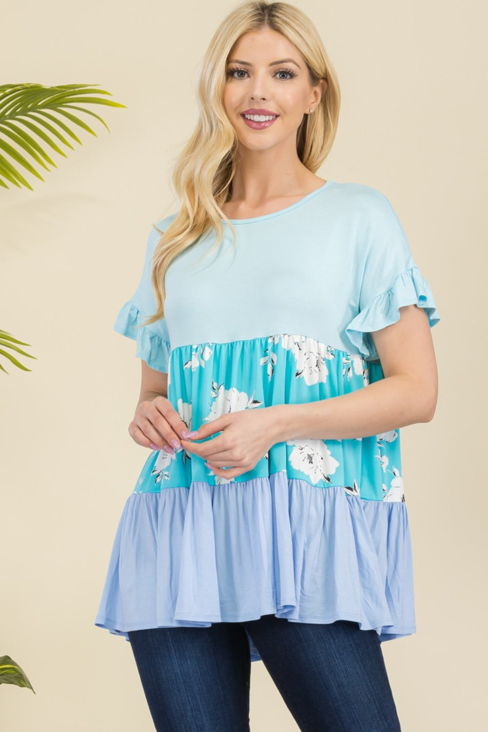 Celeste Full Size Floral Color Block Ruffled Short Sleeve Top Trendsi