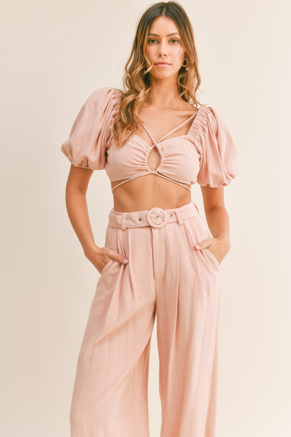 MABLE Cut Out Drawstring Crop Top and Belted Pants Set Trendsi