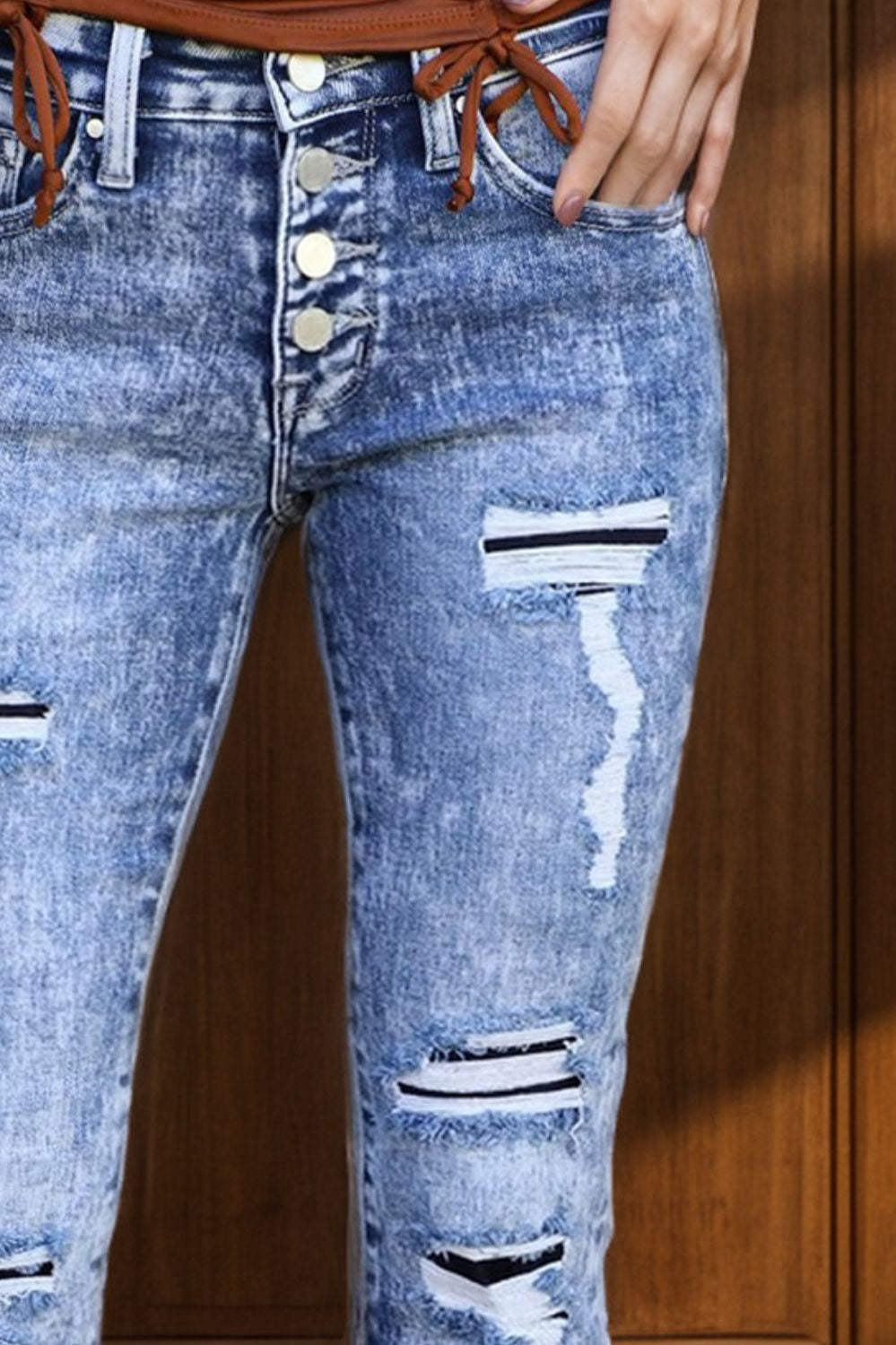 Distressed Button-Fly Bootcut Jeans with Pockets Trendsi