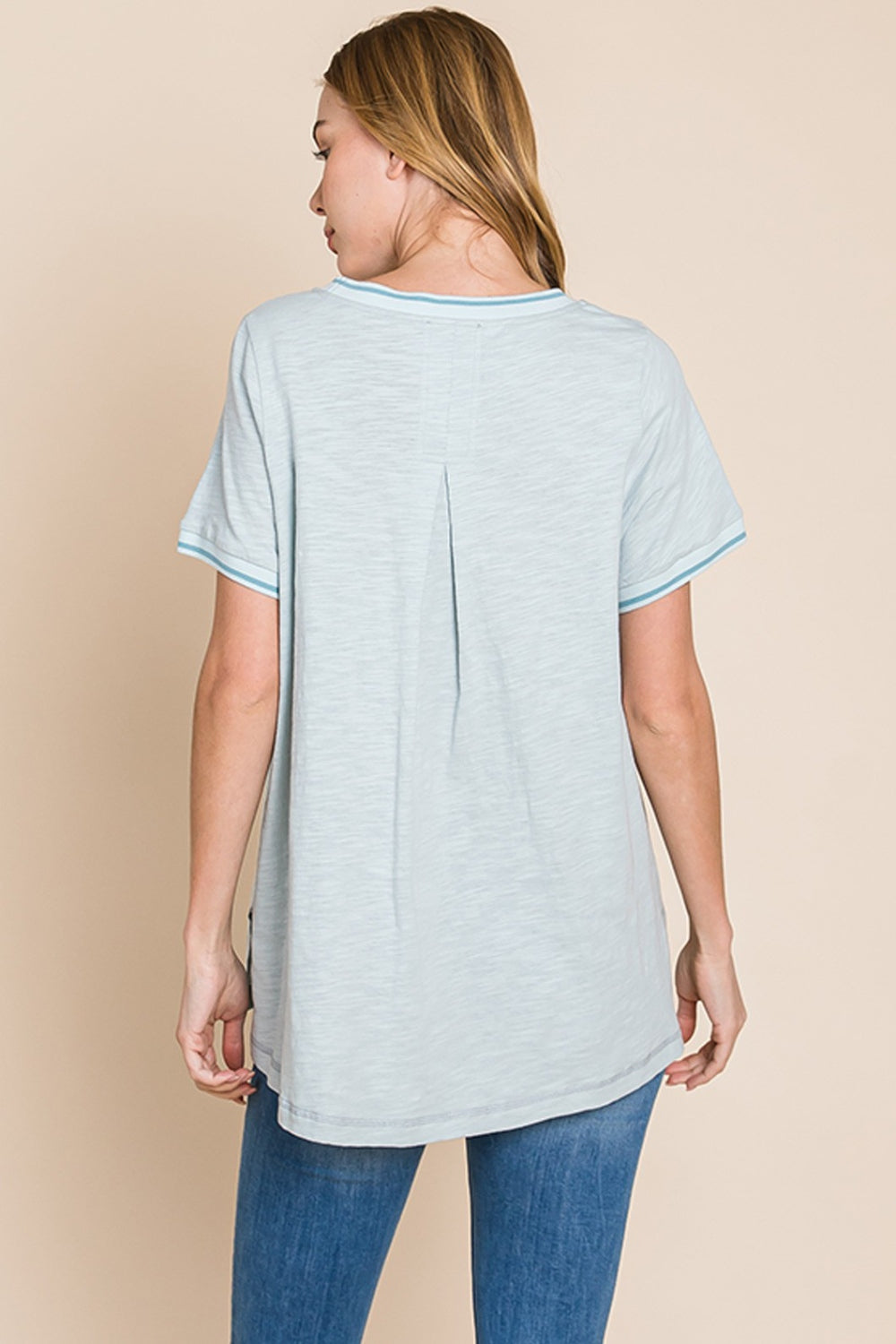 Cotton Bleu by Nu Lab Contrast Trim Short Sleeve Slit T-Shirt Trendsi