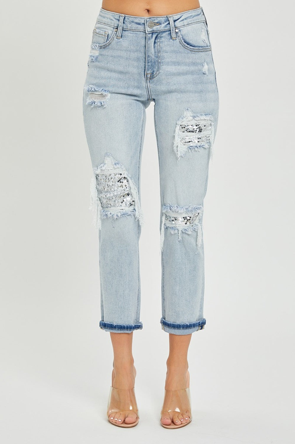 RISEN Mid-Rise Sequin Patched Jeans Trendsi