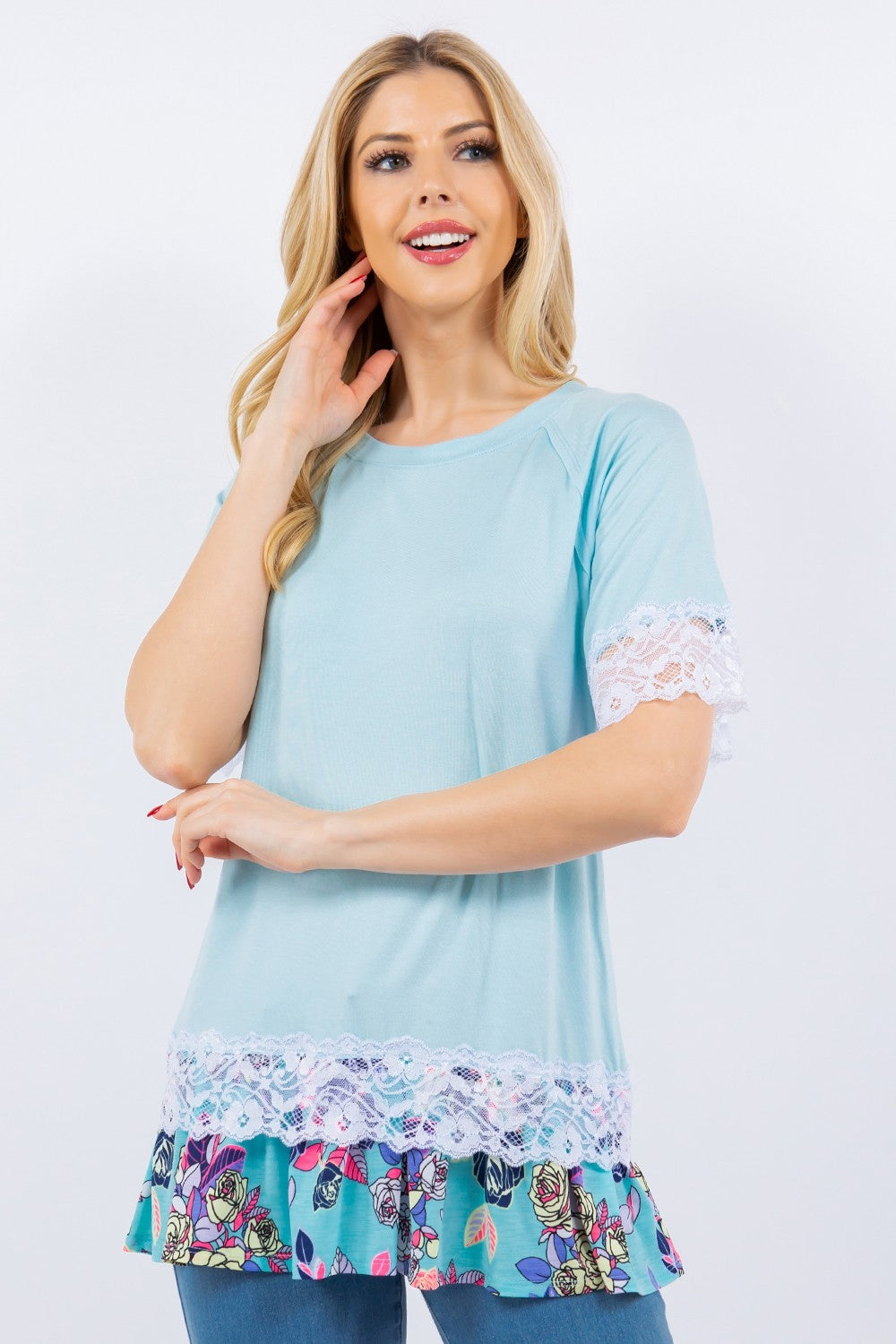 Celeste Full Size Lace Trim Short Sleeve Top Trendsi