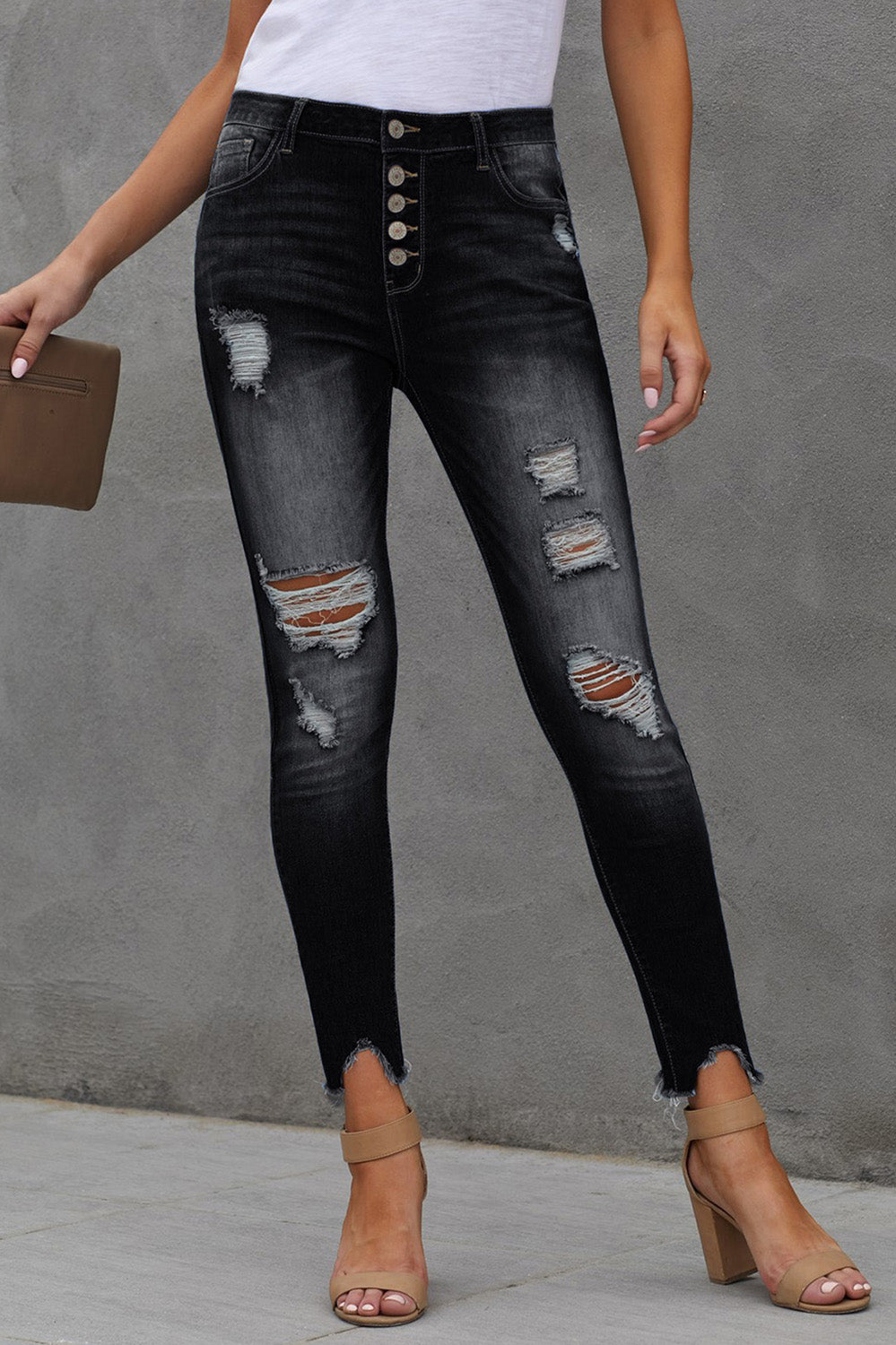 Baeful Button Fly Hem Detail Ankle-Length Skinny Jeans Trendsi