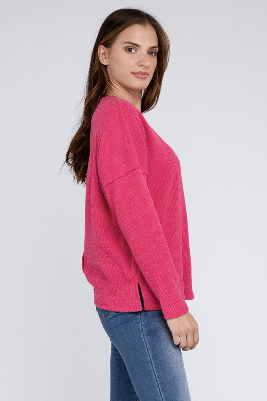 Ribbed Brushed Melange Hacci Sweater with a Pocket ZENANA