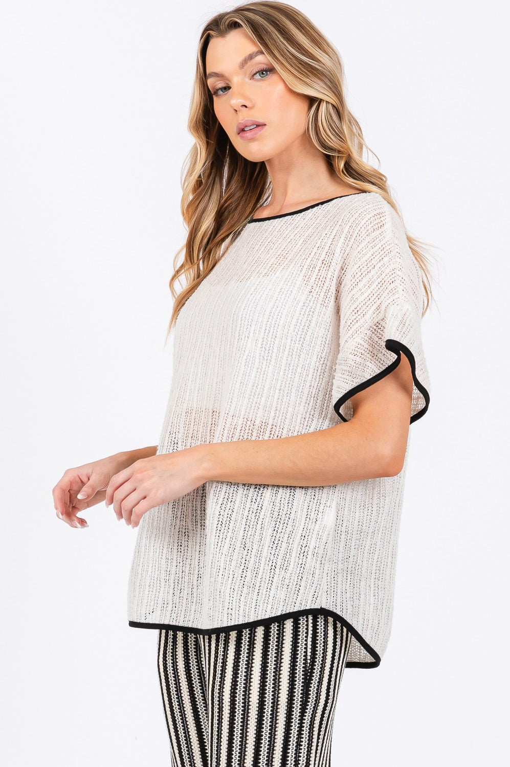 GeeGee Contrast Trim Short Sleeve Knit Cover Up Trendsi