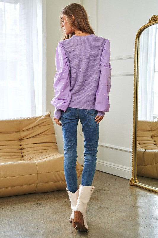 Pearl Embellishments Contrast Sleeves Sweater Davi & Dani