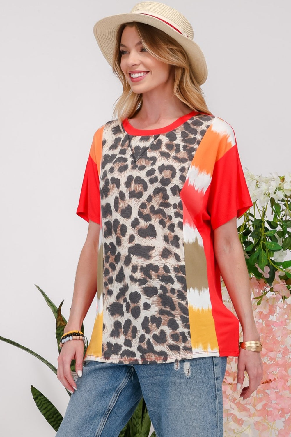 Celeste Full Size Leopard Color Block T-Shirt Trendsi