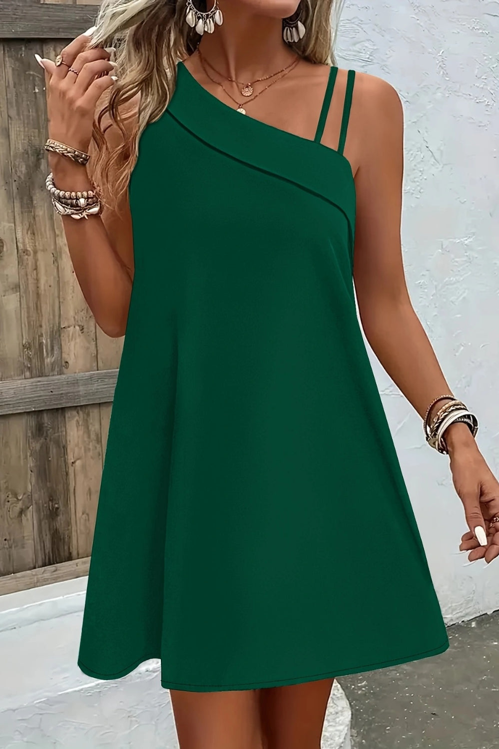 Asymmetrical Neck Sleeveless Mini Dress Trendsi