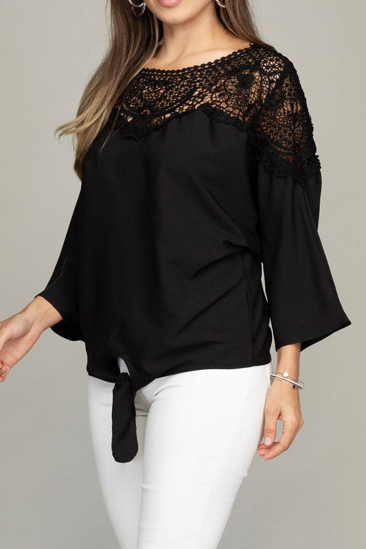 Lace trim blouse with tie Nuvi Apparel