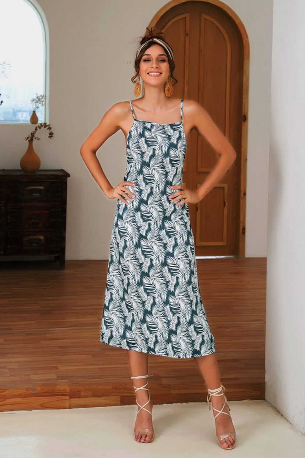 Slit Crisscross Printed Sleeveless Cami Dress Trendsi