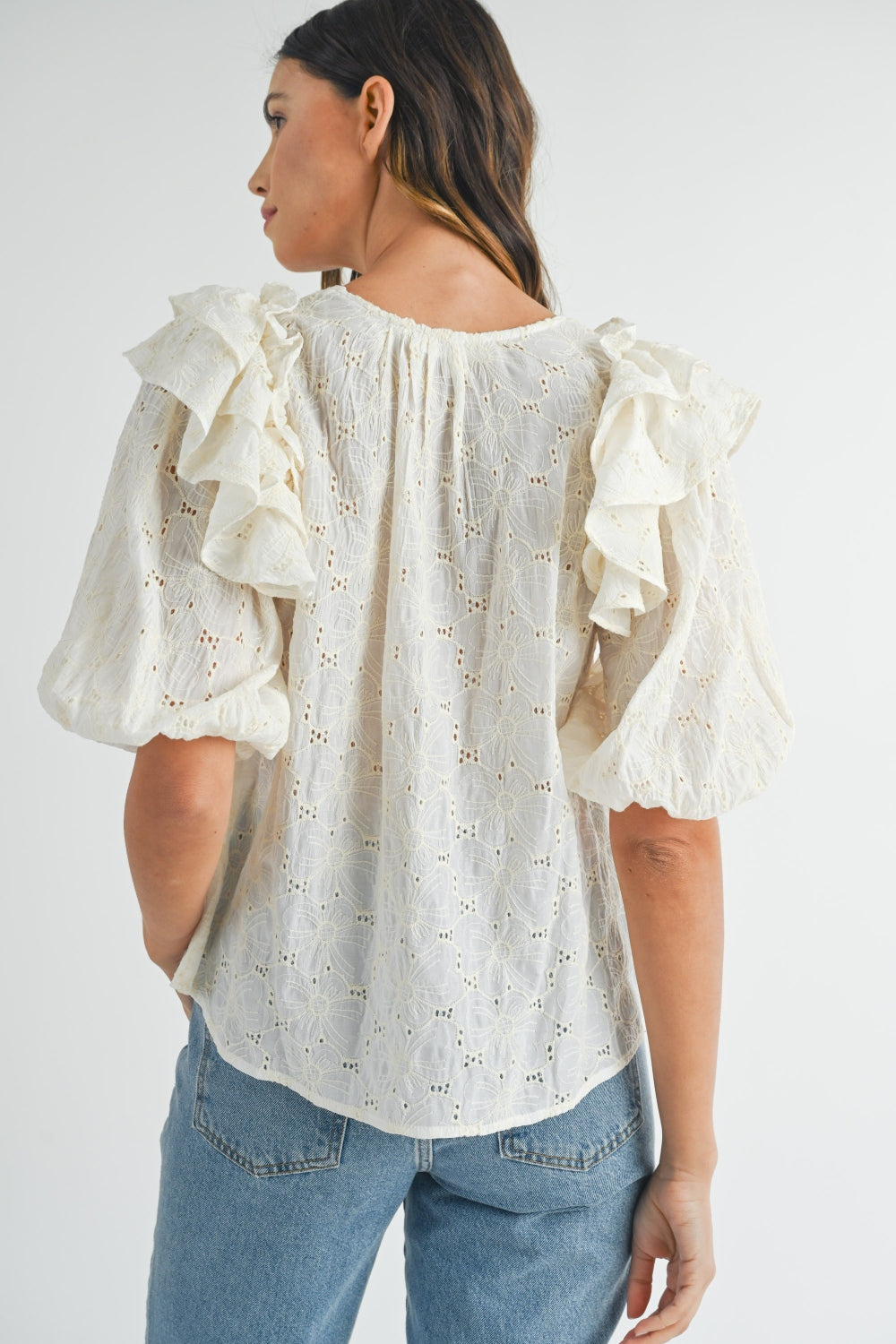 MABLE Eyelet Lace Ruffle Shoulder Puff Sleeve Blouse Trendsi