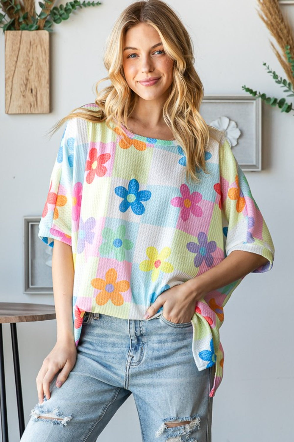 HOPELY Floral Round Neck Waffle T-Shirt Trendsi