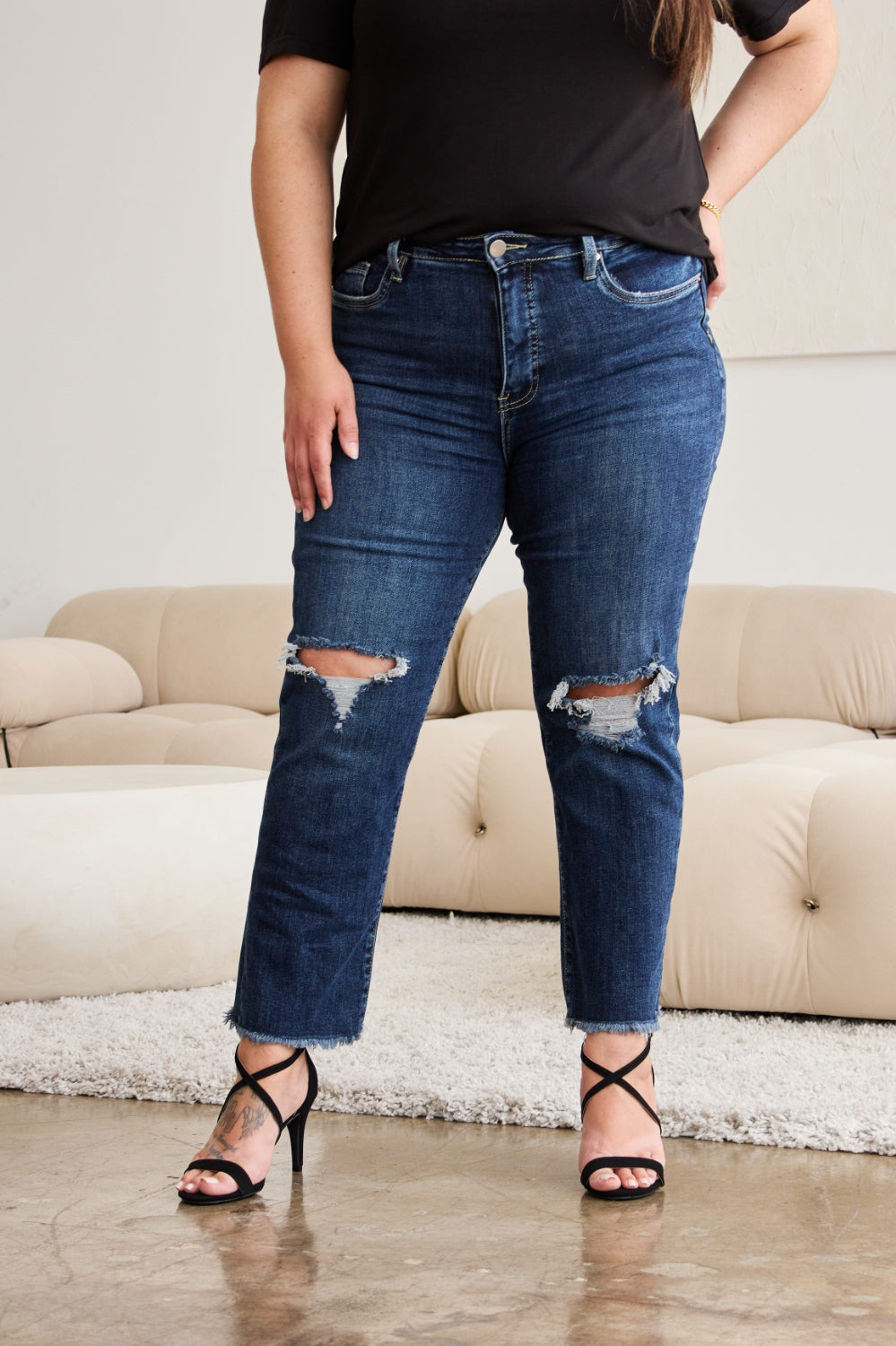 RFM Full Size Tummy Control Distressed High Waist Raw Hem Jeans Trendsi