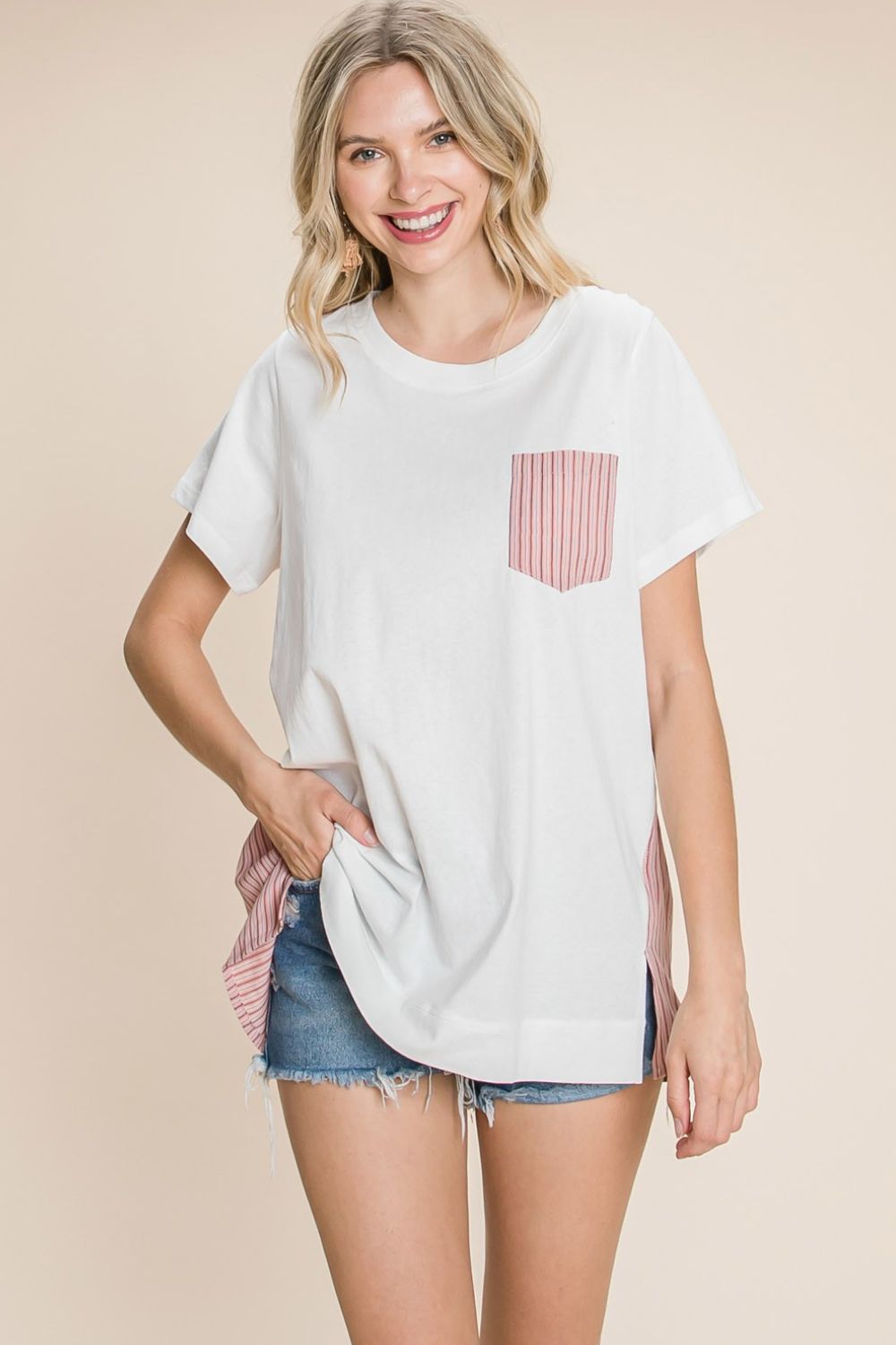 Cotton Bleu by Nu Label Contrast Striped Short Sleeve T-Shirt Trendsi