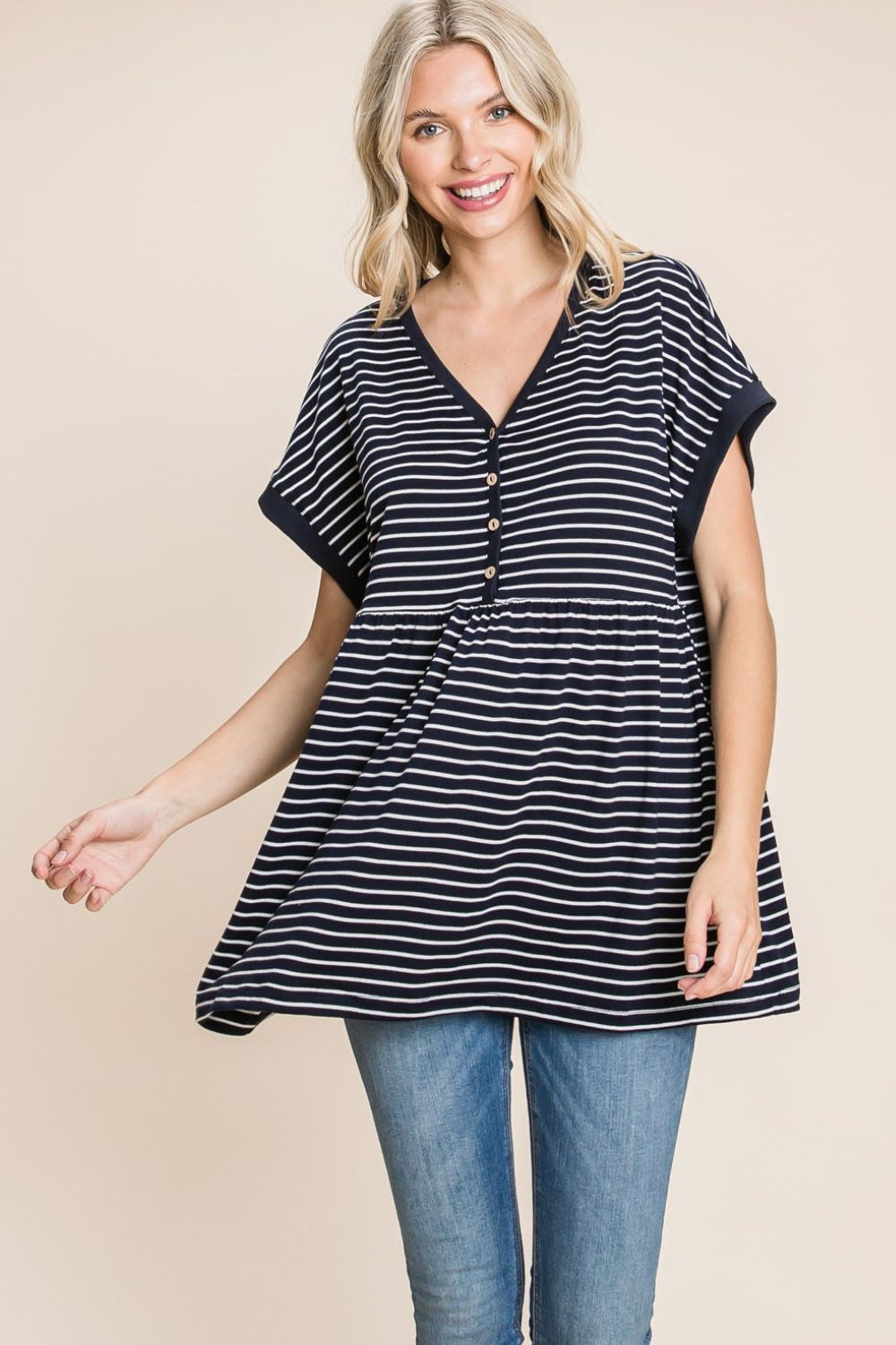 Cotton Bleu by Nu Label Striped Button Front Baby Doll Top Trendsi