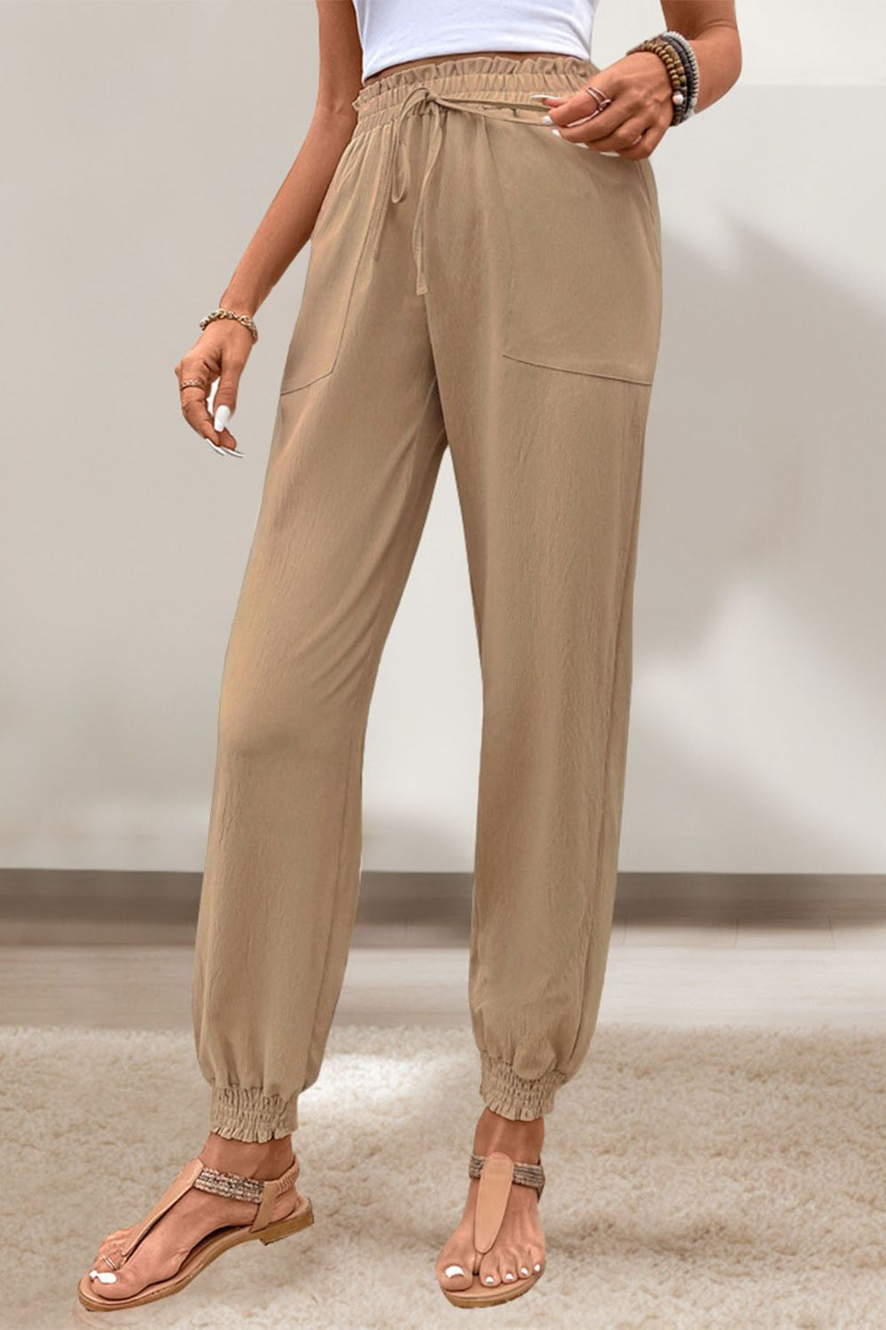 Tied Elastic Waist Pants with Pockets Trendsi
