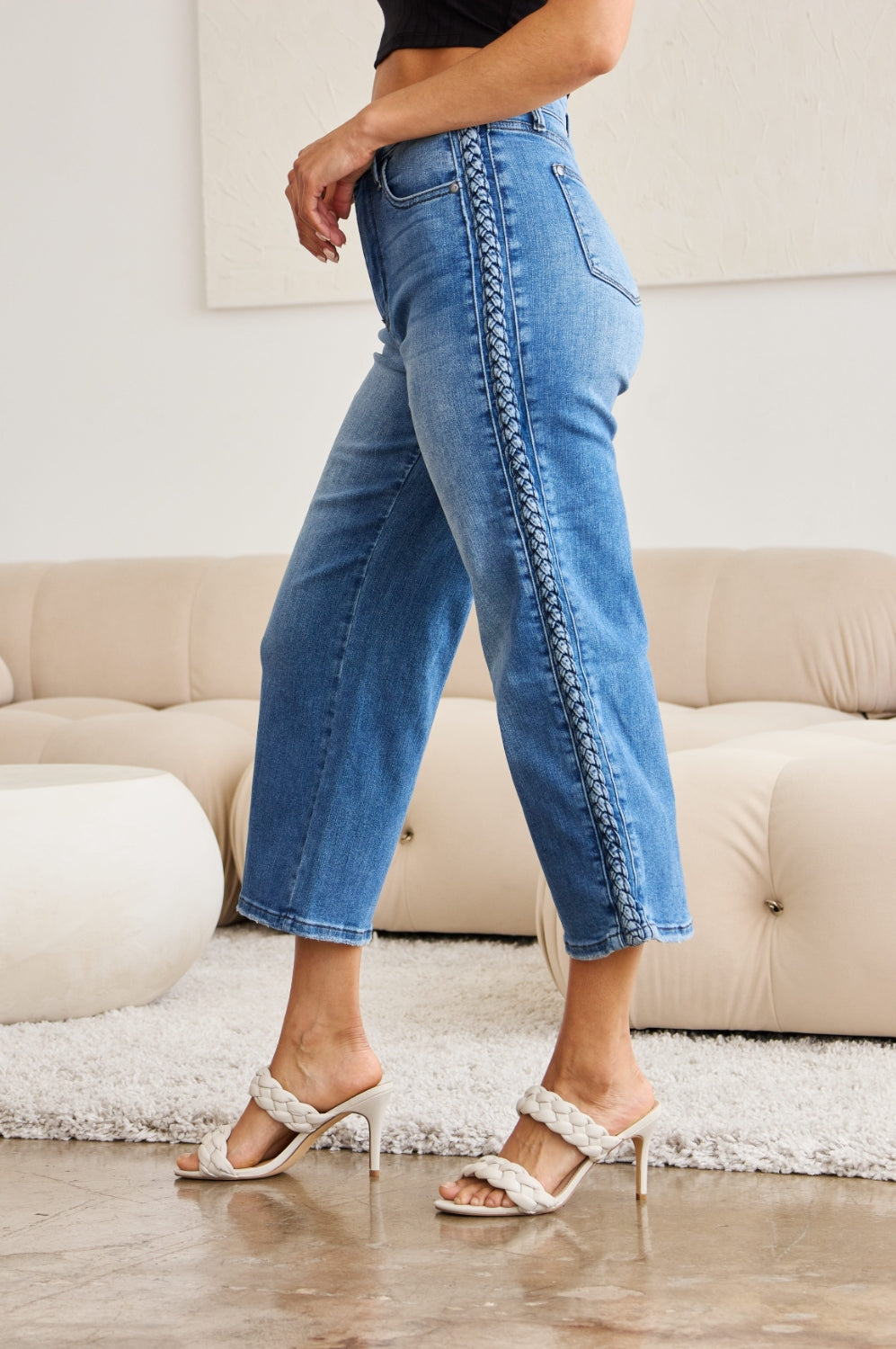 Judy Blue Full Size Braid Side Detail Wide Leg Jeans Trendsi