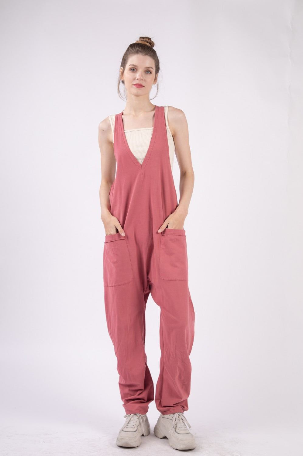 VERY J  Plunge Sleeveless Jumpsuit with Pockets Trendsi