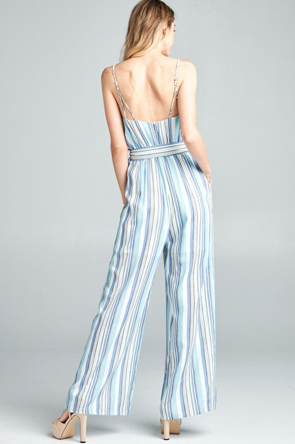 Cotton Bleu by Nu Label Tie Front Striped Sleeveless Jumpsuit Trendsi
