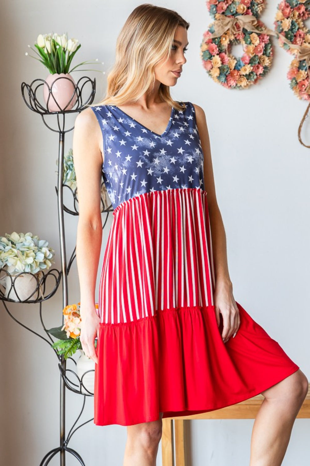 Heimish Full Size US Flag Theme Contrast Tank Dress Trendsi