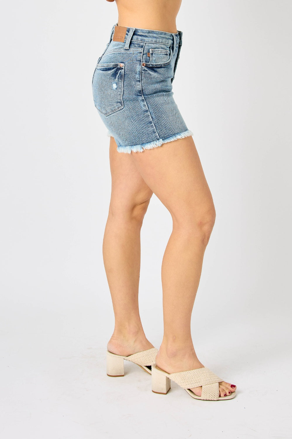 Judy Blue Full Size Button Fly Raw Hem Denim Shorts Trendsi