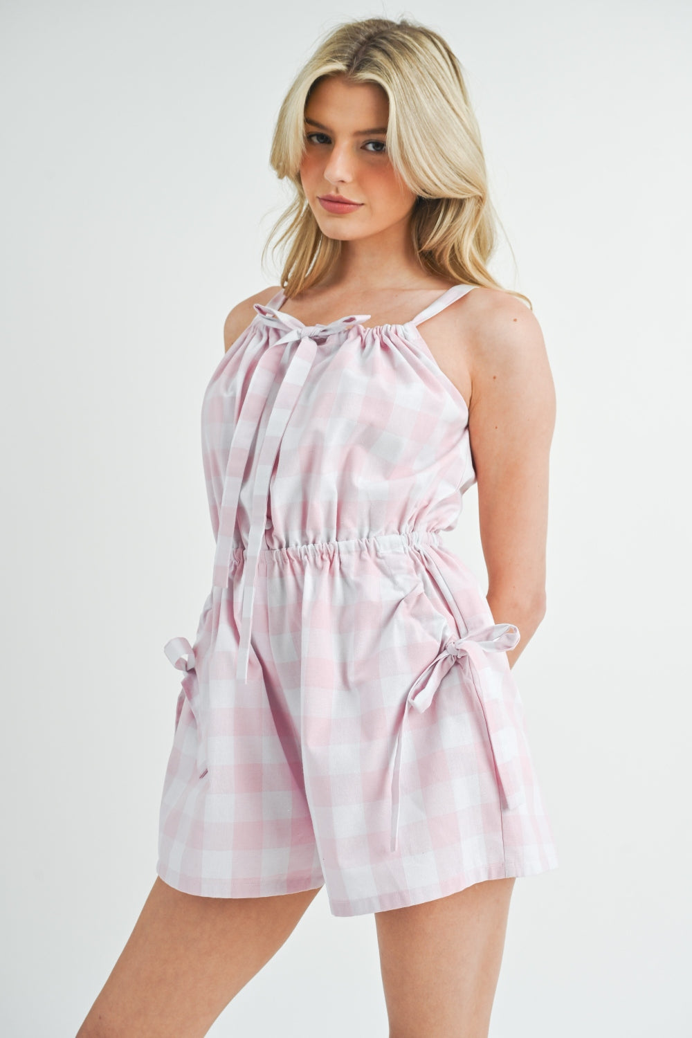 MABLE Plaid Sleeveless Button Down Romper Trendsi