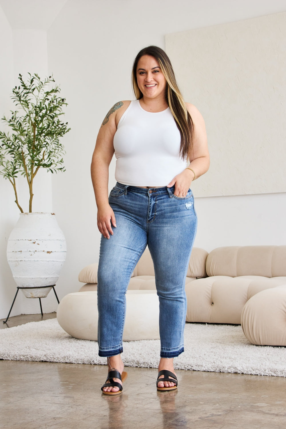 Judy Blue Full Size Release Hem Cropped Bootcut Jeans Trendsi