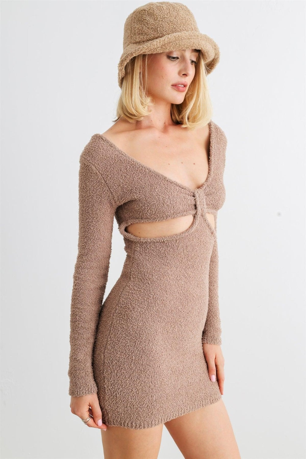 HERA COLLECTION Fluffy Bow Cut-Out Detail Long Sleeve Mini Dress Trendsi